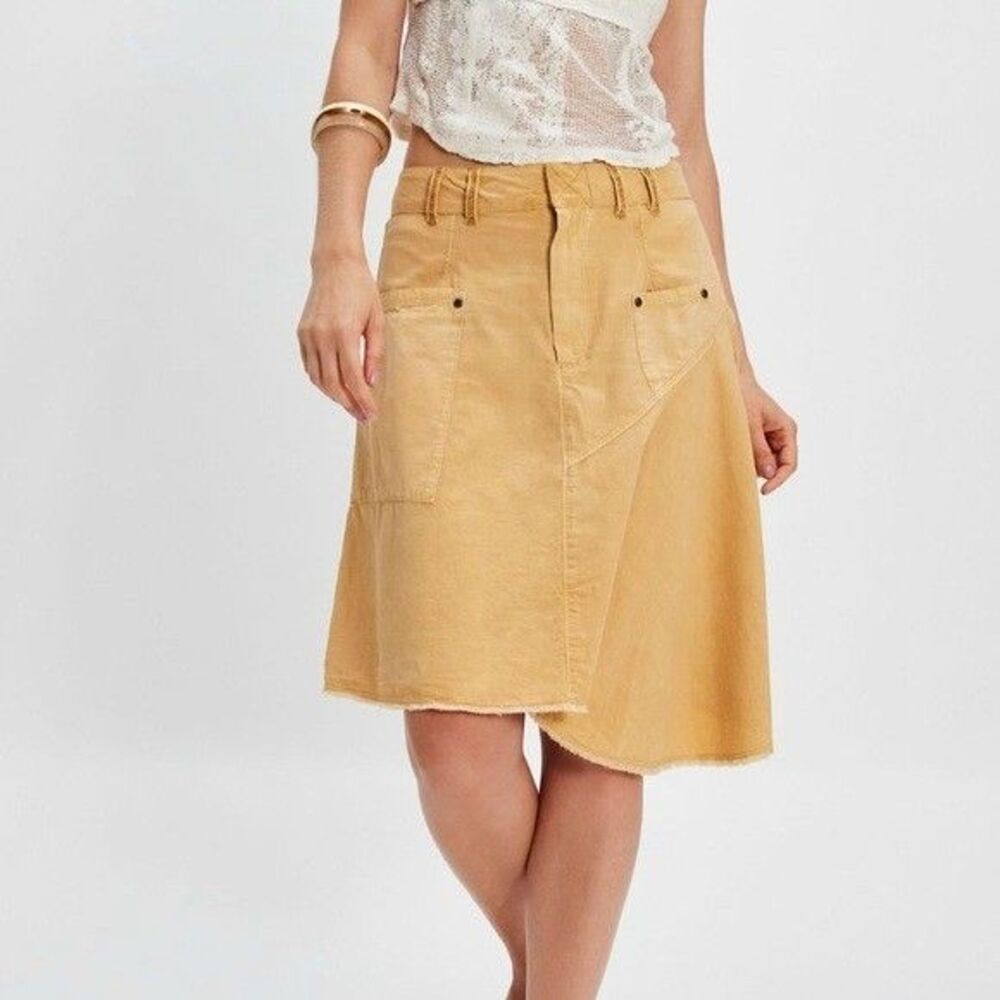 Free People Sahara Midi Skirt A-Line Denim Asymmetrical Tan Solid XS-0 287875